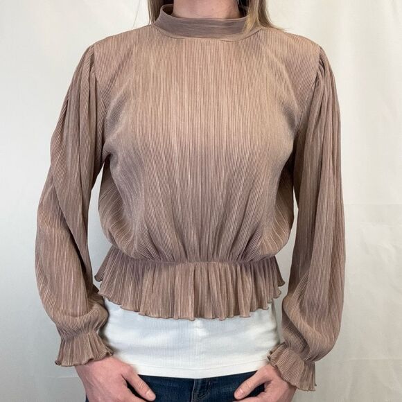 Pull & Bear Women's Accordion Pleat Blouse XL Extra Large Tan Beige Light Brown - Picture 1 of 15